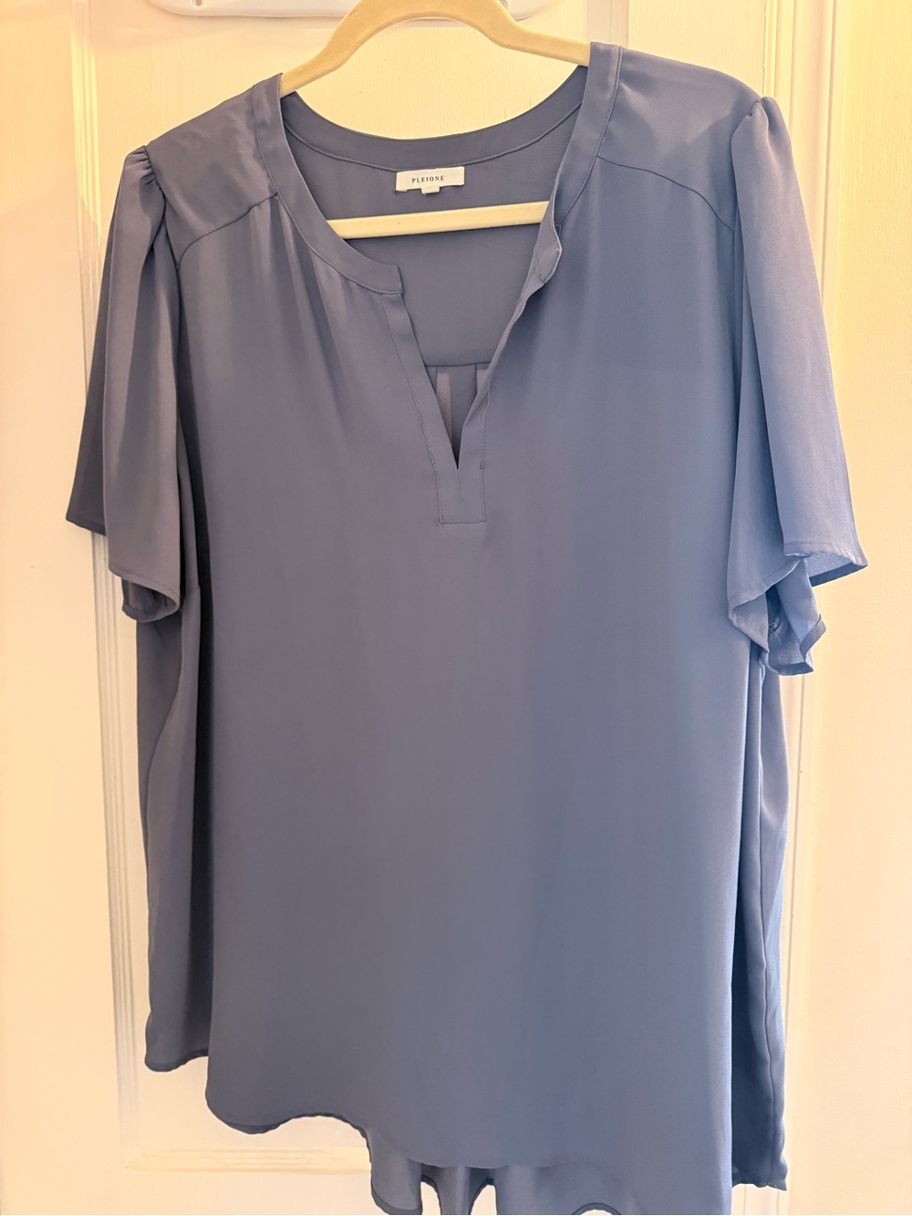 Pleione Dusty Blue Flutter Sleeve V-Neck Blouse